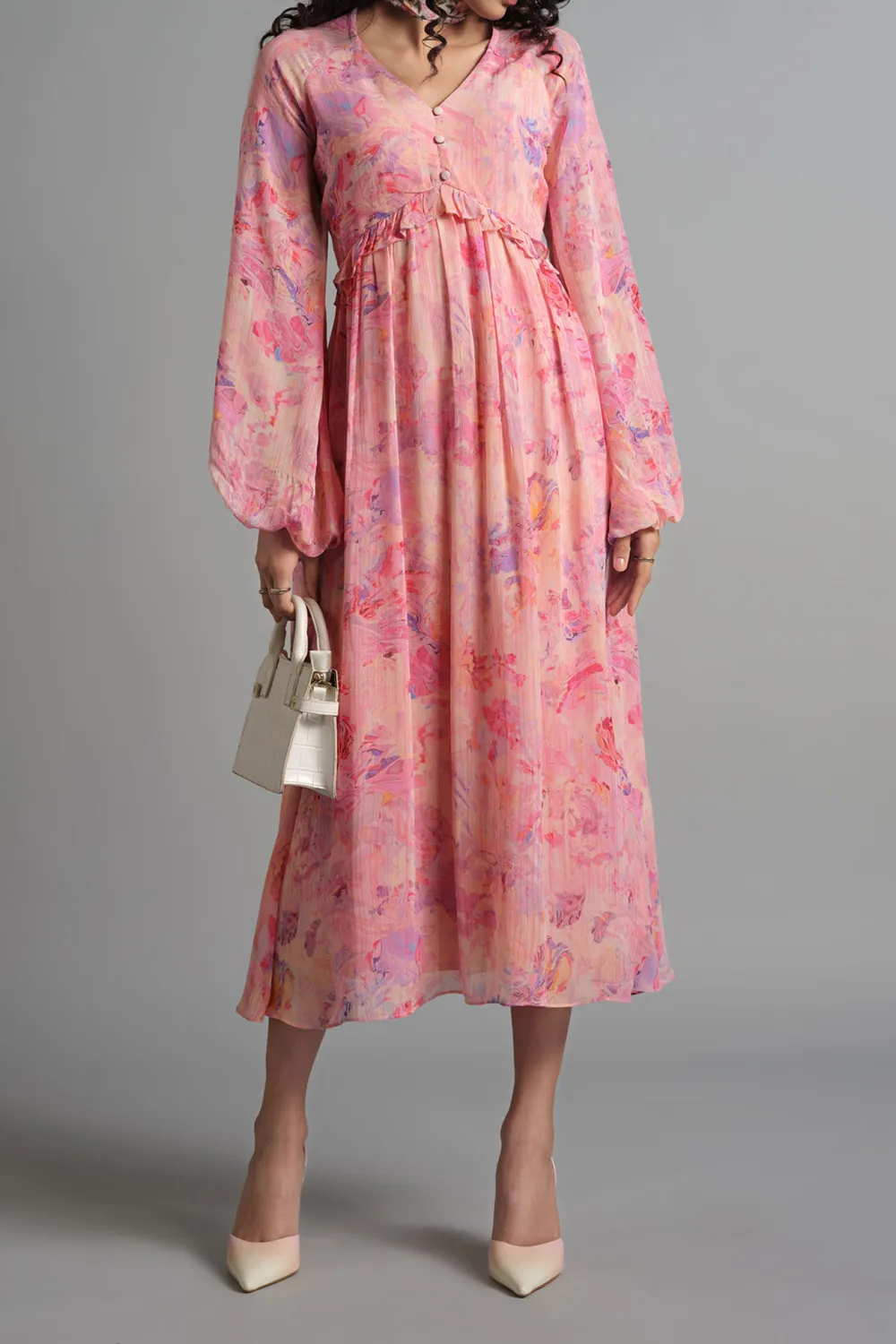 V-Neck Casual Style Pink Dress