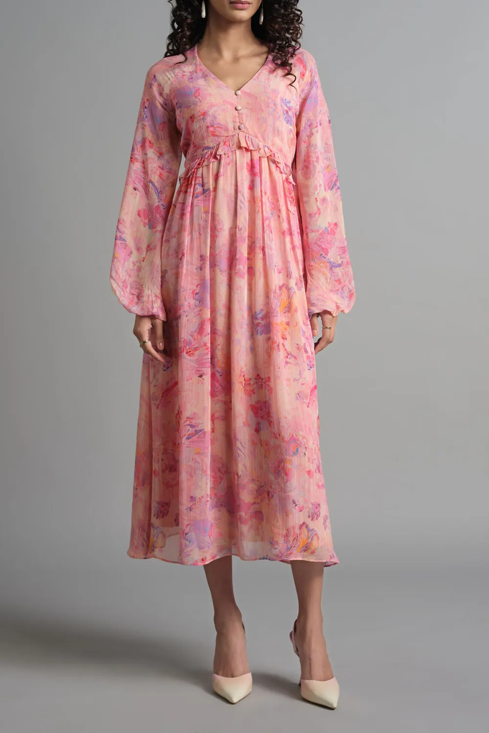 V-Neck Casual Style Pink Dress