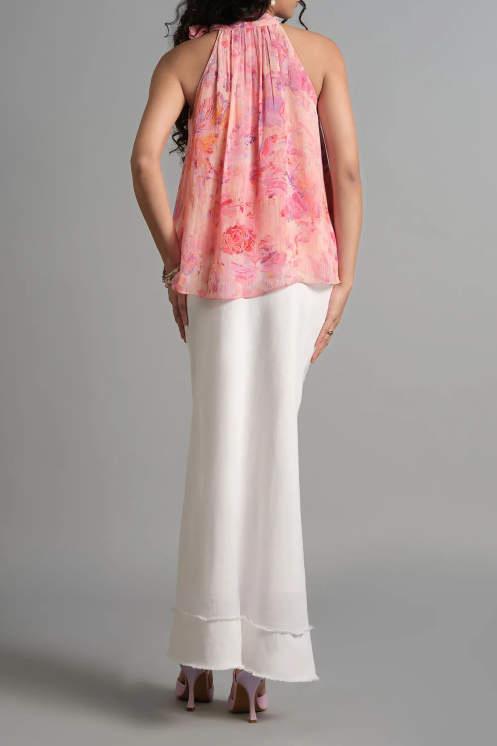 Pink Bow Neck Floral Top