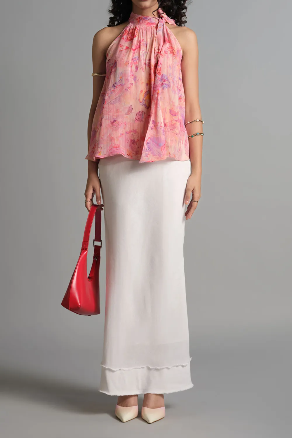 Pink Bow Neck Floral Top