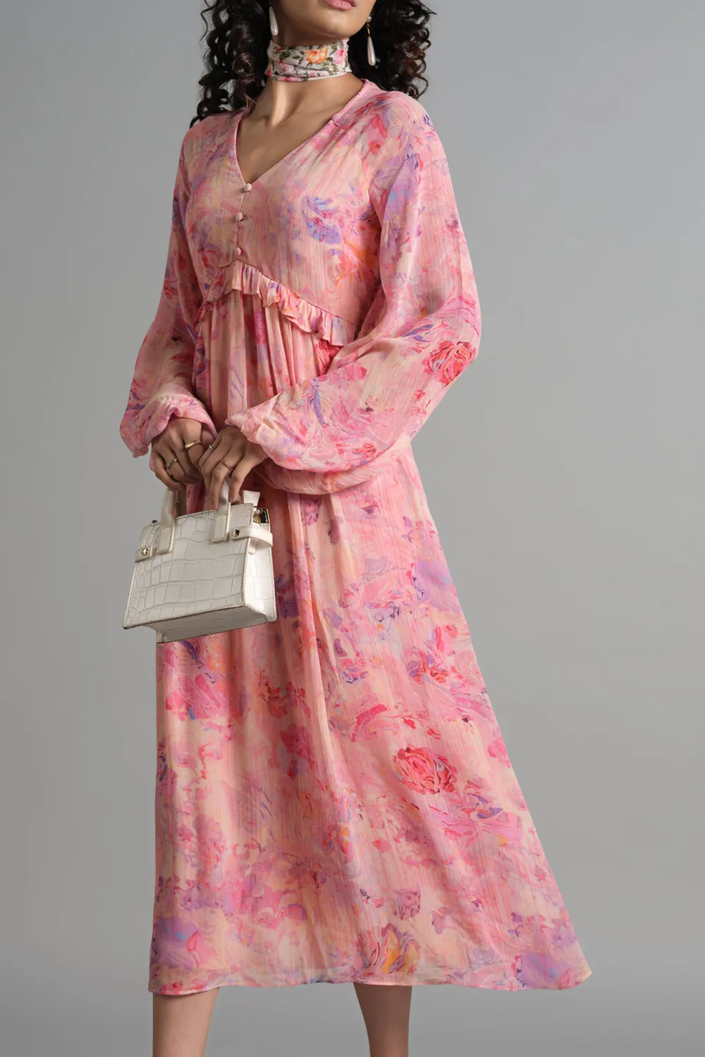 V-Neck Casual Style Pink Dress