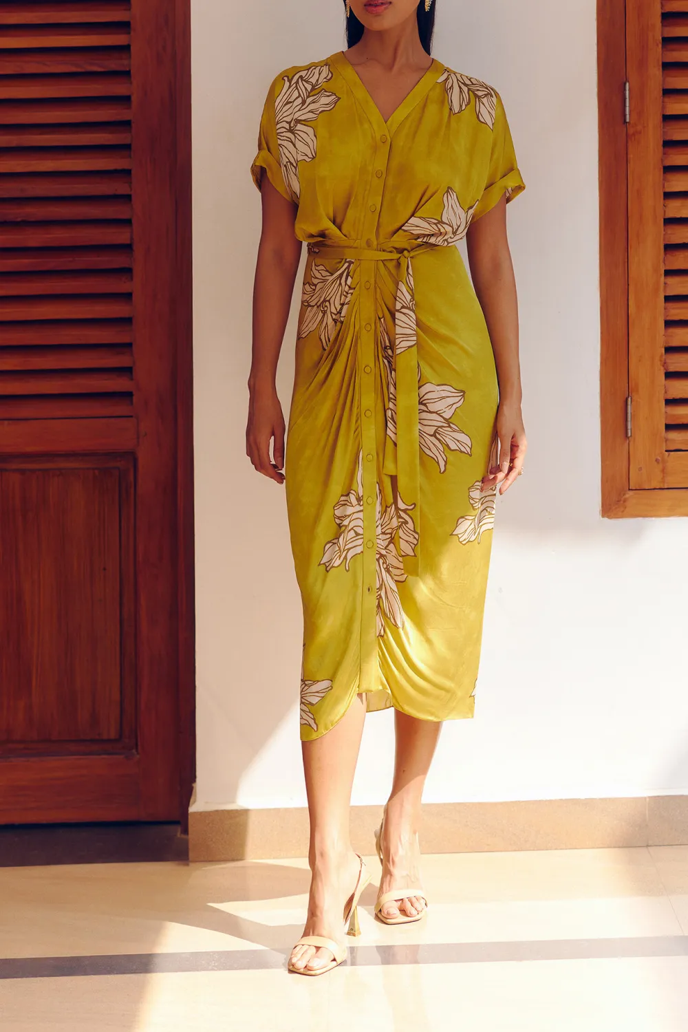 Mustard V-Neck Casual Style  Dress